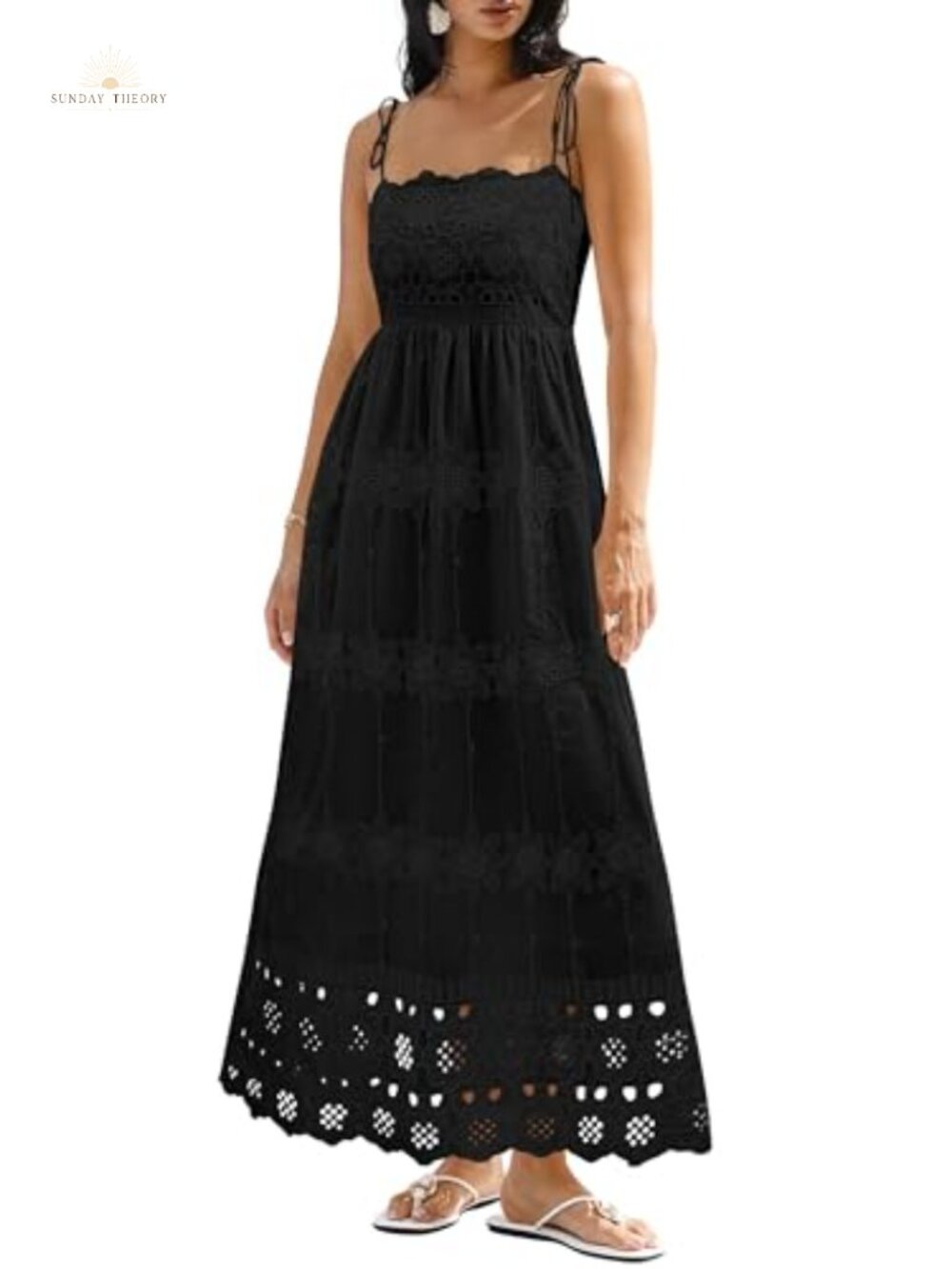 Boho Spaghetti Strap Eyelet Cotton Maxi Dress with Pockets
